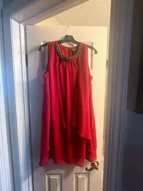 SLNY Red High-Low Sleeveless Dress with Beaded Neckline
